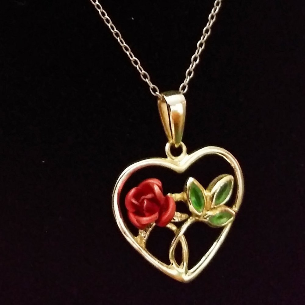 Vintage Sterling Silver Heart w/3-D Rose Necklace - Picture 5 of 11